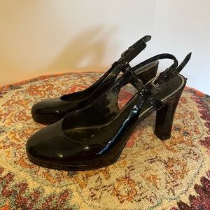 Ralph Lauren Black Patent Leather Slingback Heels | 6.5